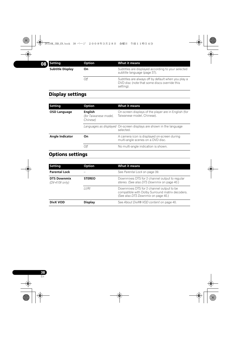 Display settings, Options settings, Display settings options settings | Pioneer DV-410V-S  EN User Manual | Page 38 / 52