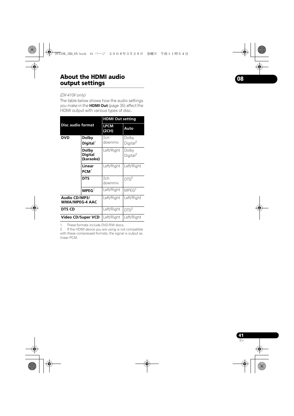About the hdmi audio output settings | Pioneer DV-410V-S  EN User Manual | Page 41 / 52