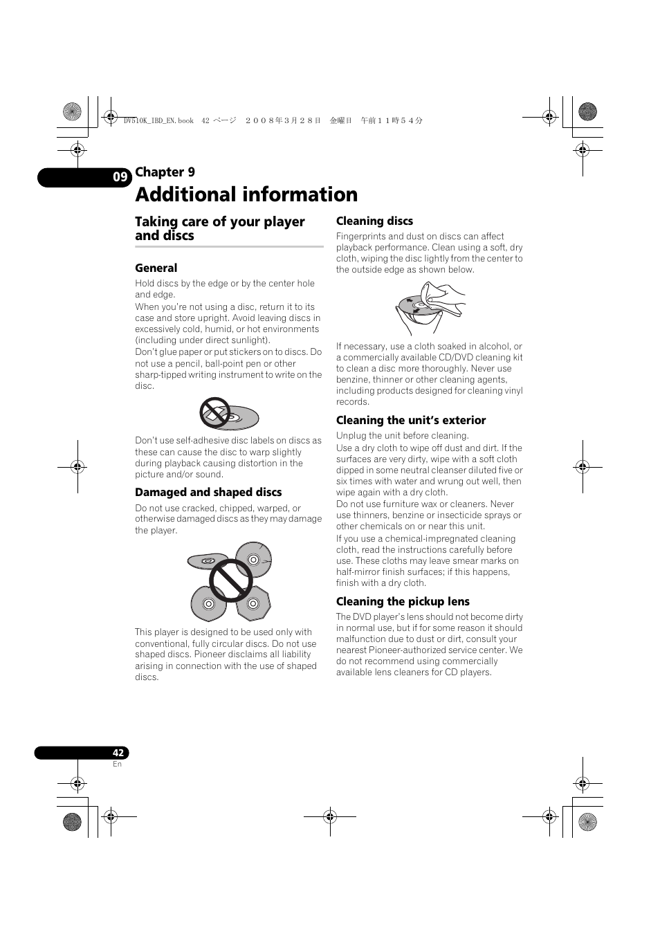 Taking care of your player and discs, Additional information, Chapter 9 | Pioneer DV-410V-S  EN User Manual | Page 42 / 52