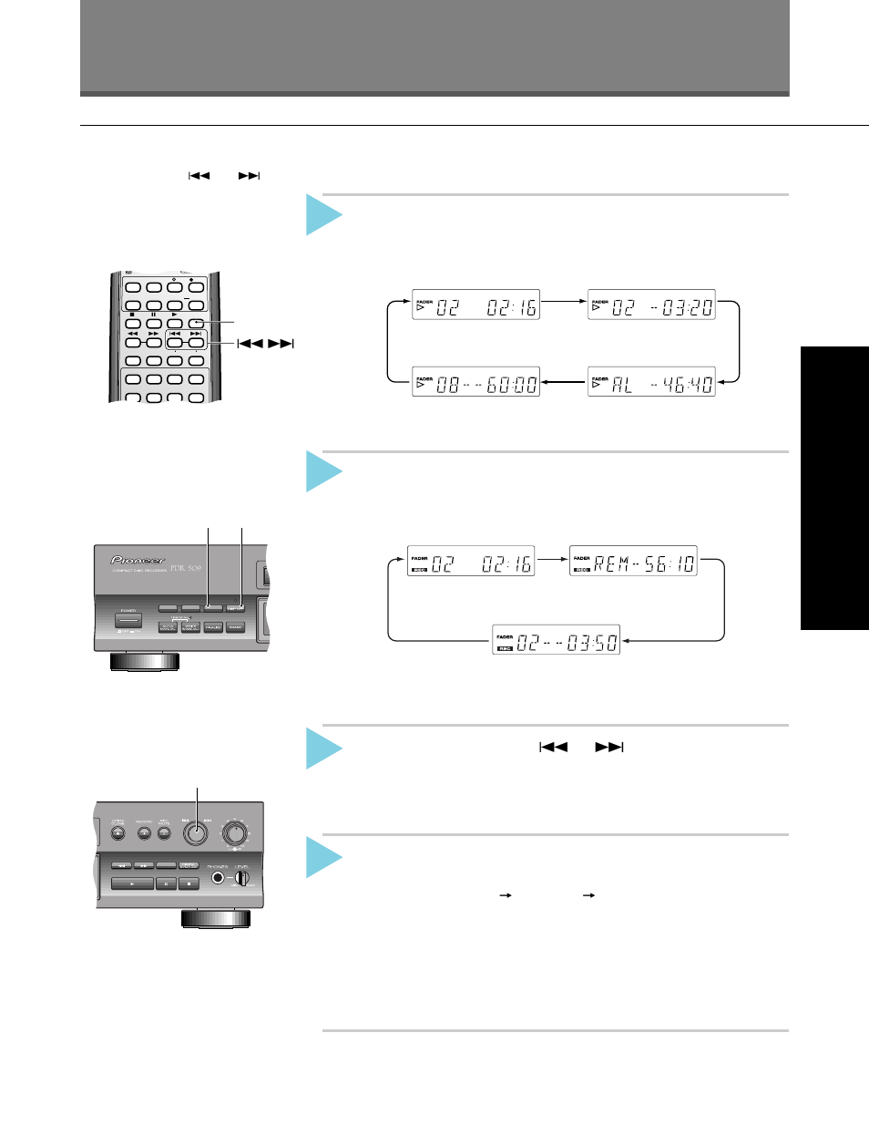 Showing disc information, Time, Jog dial disp off | Basic playback and recording, Press disp off to switch between display modes, There are four different displays. press, Repeatedly to switch between them, There are three different displays. press, Pressing the | Pioneer PDR-509 User Manual | Page 17 / 40