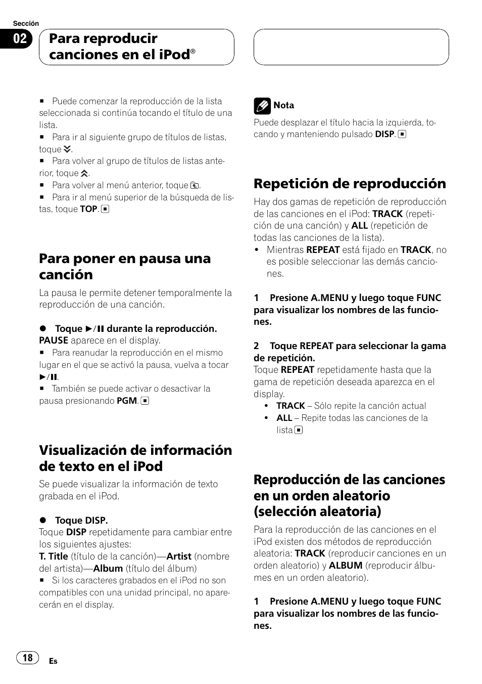 Ipod 18, Aleatorio (selección aleatoria) 18, Para poner en pausa una canción | Visualización de información de texto en el ipod, Repetición de reproducción, Para reproducir canciones en el ipod | Pioneer CD-IB100 User Manual | Page 18 / 69