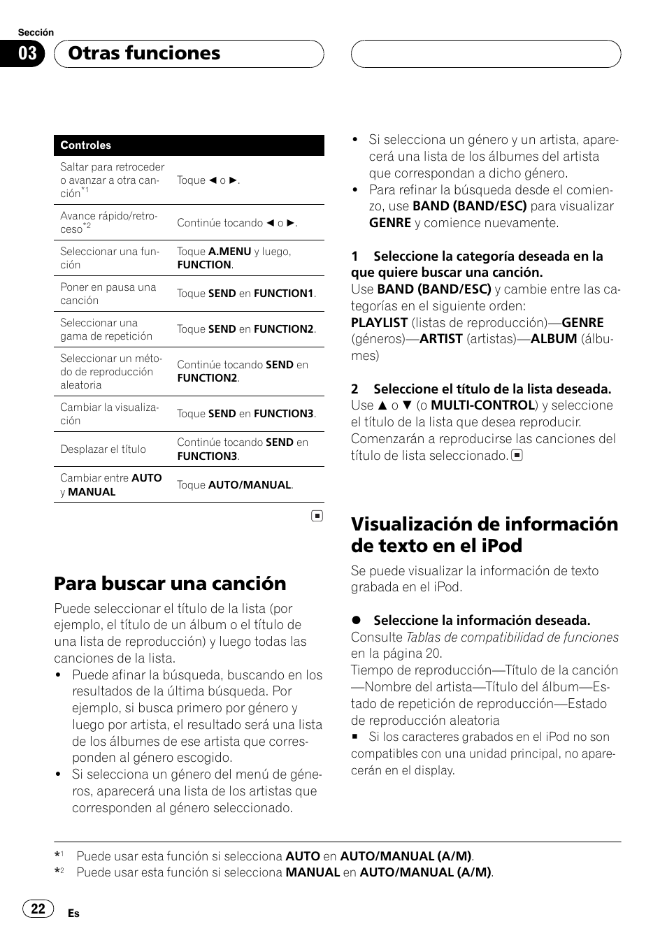 Ipod 22, Para buscar una canción, Visualización de información de texto en el ipod | Otras funciones | Pioneer CD-IB100 User Manual | Page 22 / 69