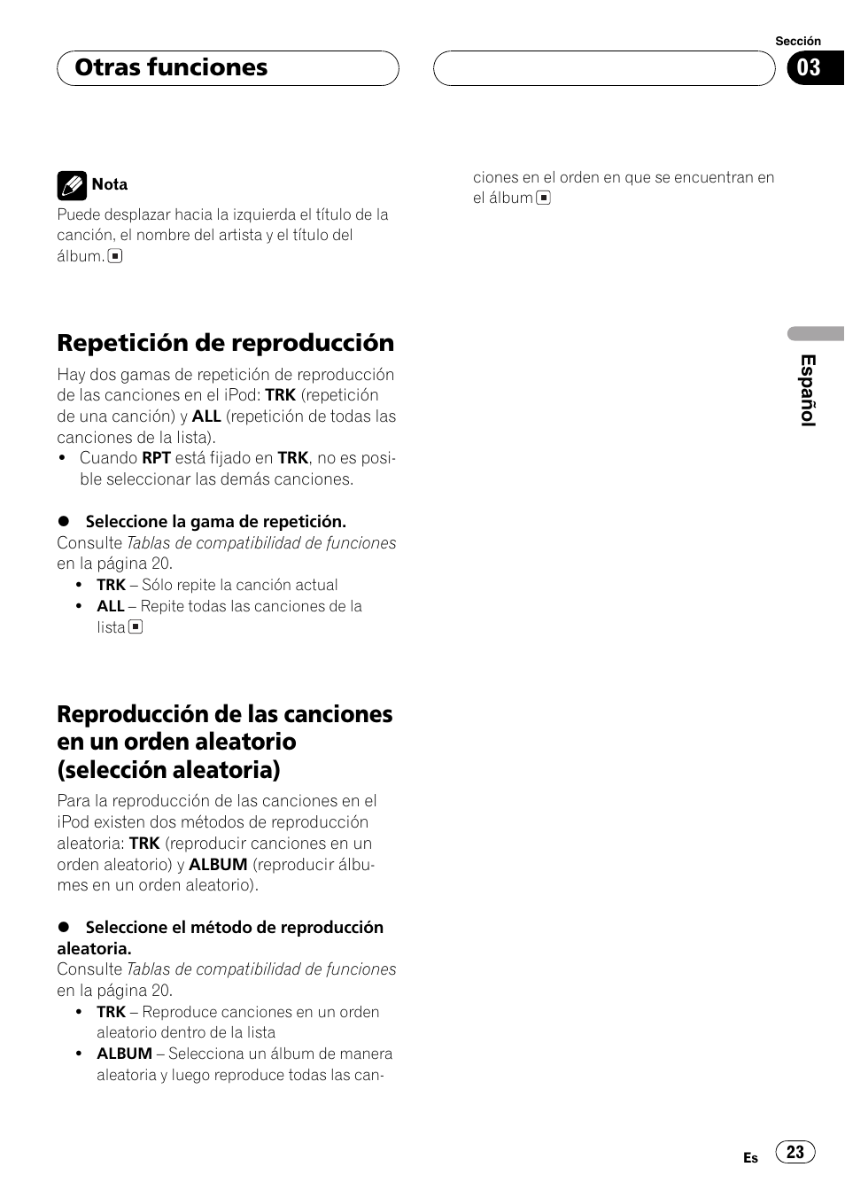 Aleatorio (selección aleatoria) 23, Repetición de reproducción, Otras funciones | Pioneer CD-IB100 User Manual | Page 23 / 69
