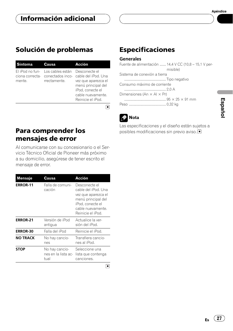 Solución de problemas, Para comprender los mensajes de error, Especificaciones | Información adicional, Español | Pioneer CD-IB100 User Manual | Page 27 / 69