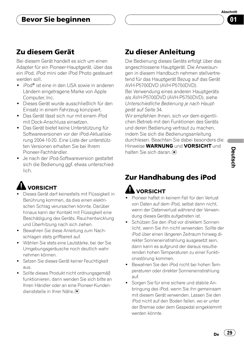 Bevor sie beginnen zu diesem gerät 29, Zu dieser anleitung 29, Zur handhabung des ipod 29 | Zu diesem gerät, Zu dieser anleitung, Zur handhabung des ipod, Bevor sie beginnen | Pioneer CD-IB100 User Manual | Page 29 / 69