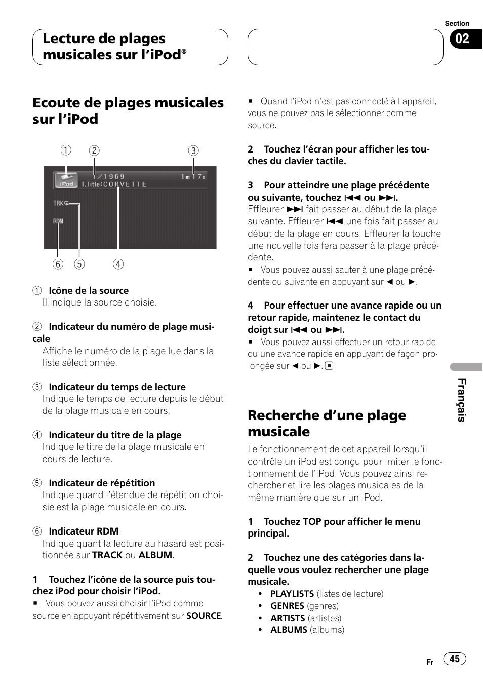 Lecture de plages musicales sur lipod, Ecoute de plages musicales sur lipod 45, Recherche dune plage musicale 45 | Ecoute de plages musicales sur lipod, Recherche dune plage musicale | Pioneer CD-IB100 User Manual | Page 45 / 69