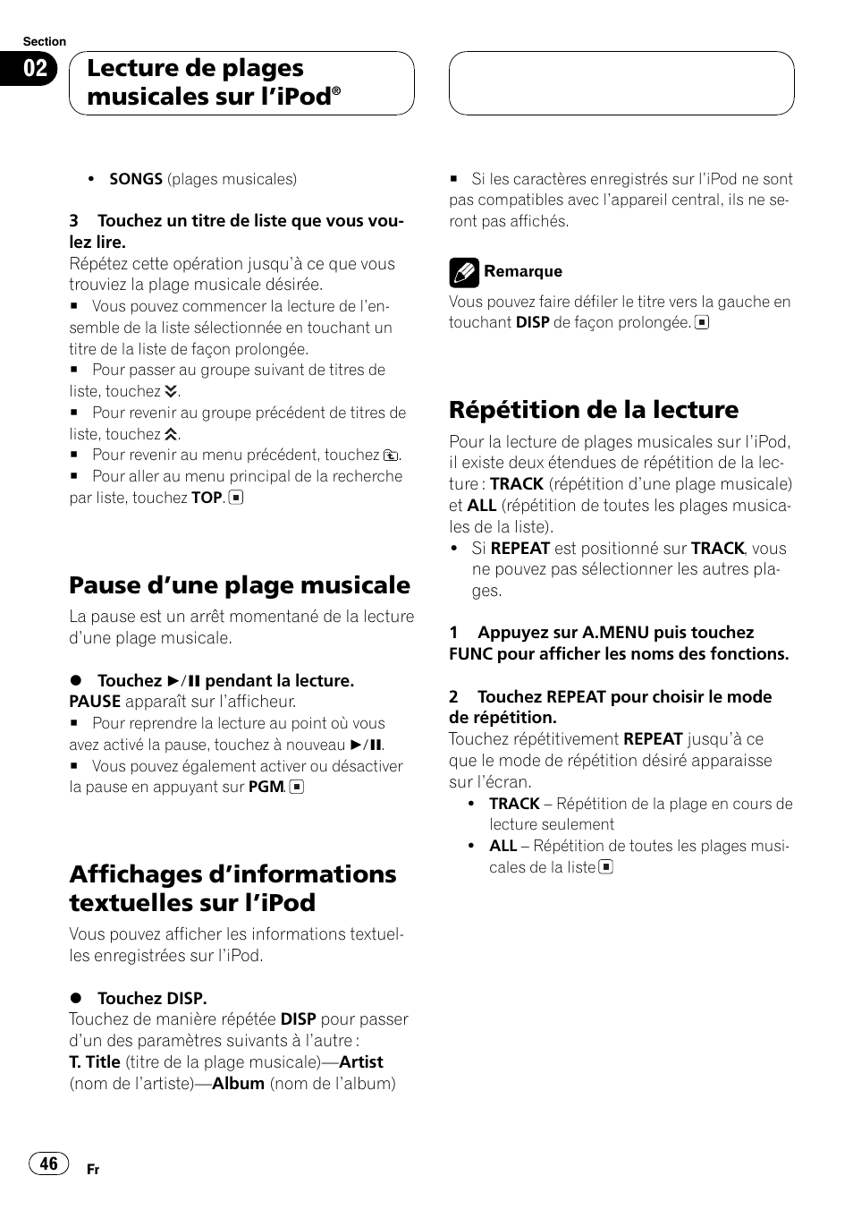 Pause dune plage musicale 46, Affichages dinformations textuelles sur, Lipod 46 | Répétition de la lecture 46, Pause dune plage musicale, Affichages dinformations textuelles sur lipod, Répétition de la lecture, Lecture de plages musicales sur lipod | Pioneer CD-IB100 User Manual | Page 46 / 69