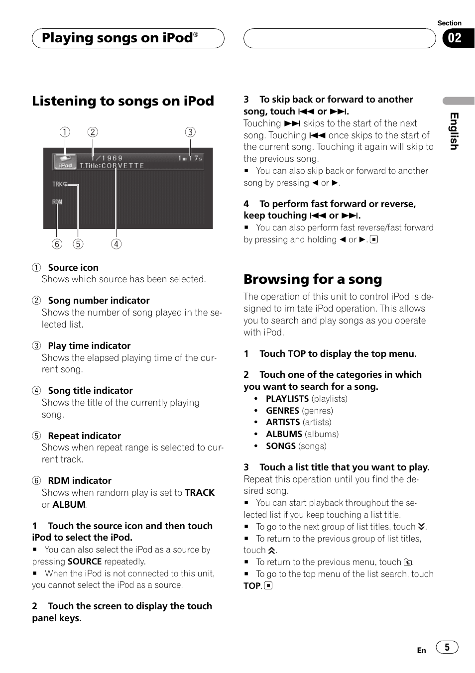 Listening to songs on ipod, Browsing for a song, Playing songs on ipod | Pioneer CD-IB100 User Manual | Page 5 / 69