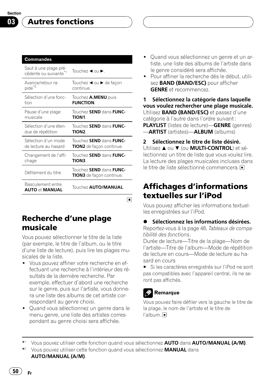 Recherche dune plage musicale 50, Affichages dinformations textuelles sur, Lipod 50 | Recherche dune plage musicale, Affichages dinformations textuelles sur lipod, Autres fonctions | Pioneer CD-IB100 User Manual | Page 50 / 69