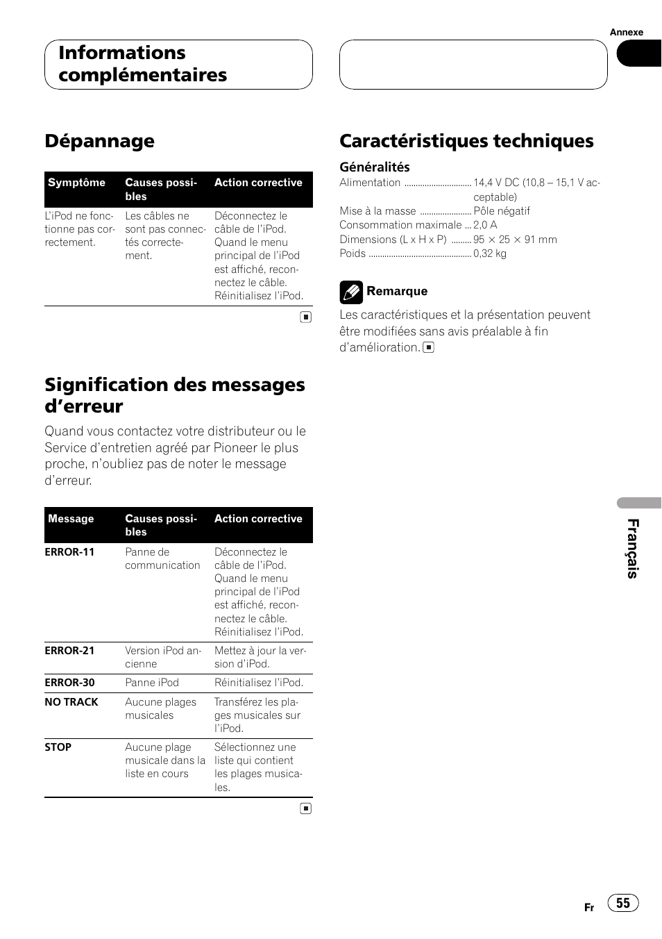 Informations complémentaires, Dépannage 55, Signification des messages derreur 55 | Caractéristiques techniques 55, Dépannage, Signification des messages derreur, Caractéristiques techniques, Français | Pioneer CD-IB100 User Manual | Page 55 / 69