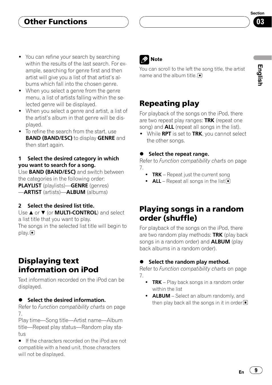 Displaying text information on ipod, Repeating play, Playing songs in a random order (shuffle) | Other functions | Pioneer CD-IB100 User Manual | Page 9 / 69