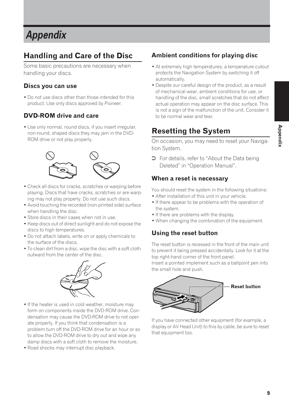 Resetting the system, Appendix, Handling and care of the disc | Pioneer AVIC-880DVD User Manual | Page 11 / 13