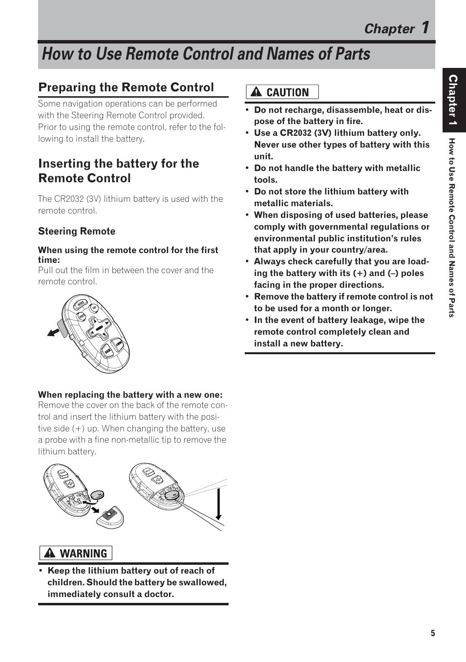 How to use remote control and names of parts, Chapter 1, Preparing the remote control | Inserting the battery for the remote control, Chapter | Pioneer AVIC-880DVD User Manual | Page 7 / 13