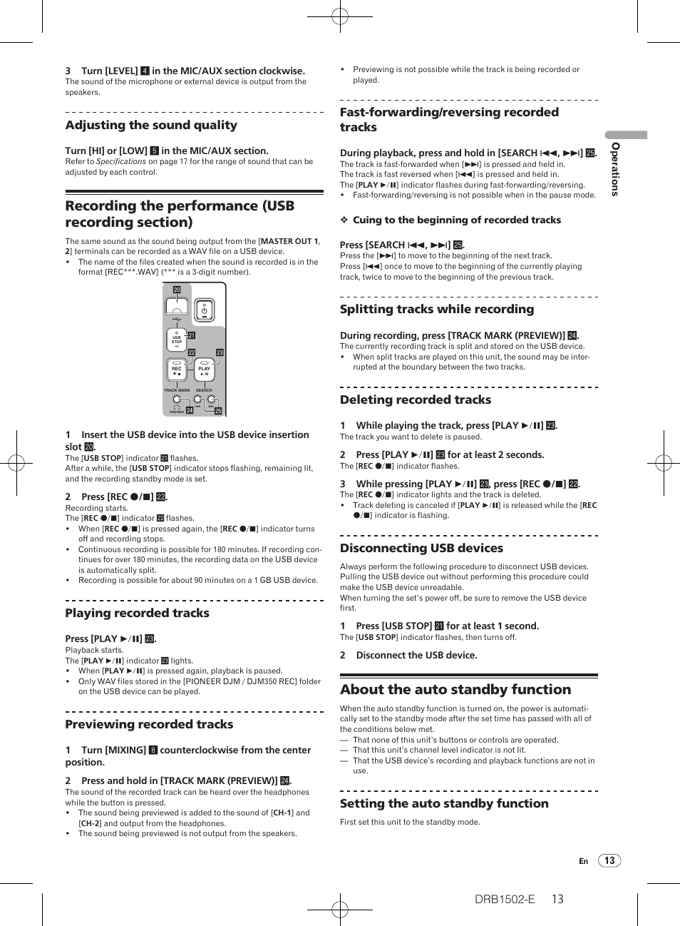 About the auto standby function, Adjusting the sound quality, Playing recorded tracks | Previewing recorded tracks, Fast-forwarding/ reversing recorded tracks, Splitting tracks while recording, Deleting recorded tracks, Disconnecting usb devices, Setting the auto standby function | Pioneer DJM-350 User Manual | Page 13 / 20
