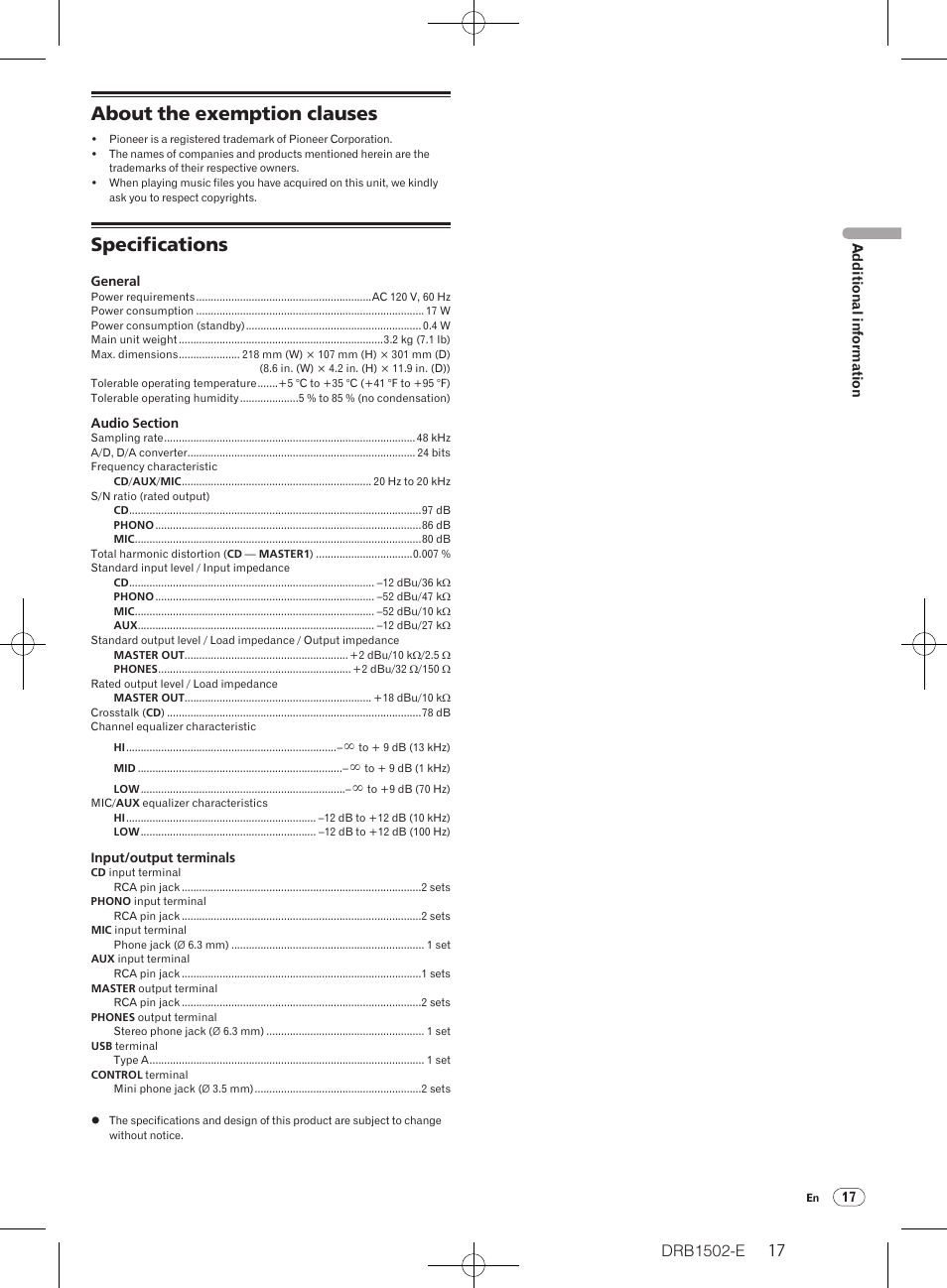 About the exemption clauses specifications, About the exemption clauses, Specifications | Pioneer DJM-350 User Manual | Page 17 / 20