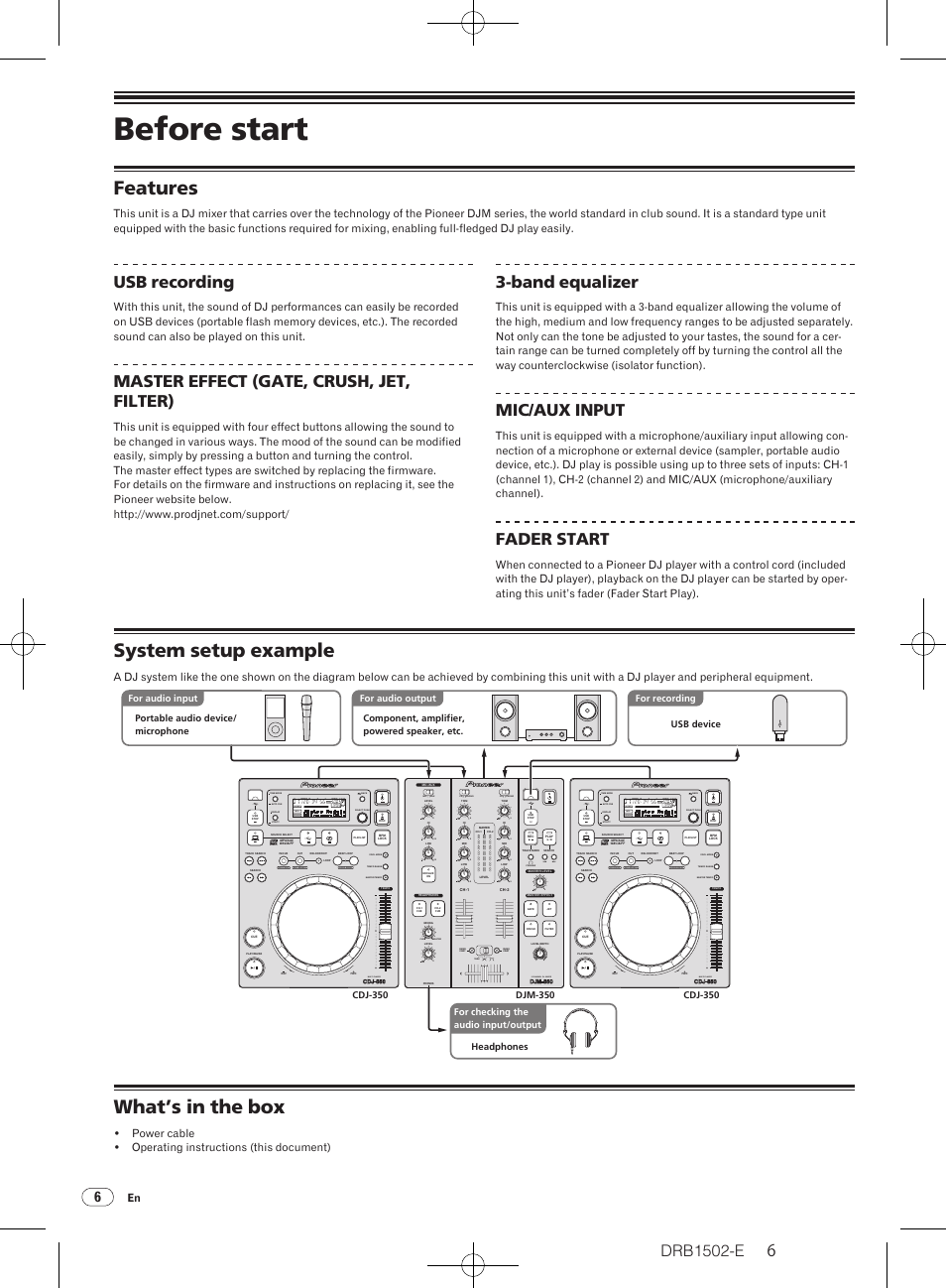 Before start, Features system setup example what’s in the box, Features | System setup example, What’s in the box, Usb recording, Master effect (gate, crush, jet, filter), Band equalizer, Mic/ aux input, Fader start | Pioneer DJM-350 User Manual | Page 6 / 20