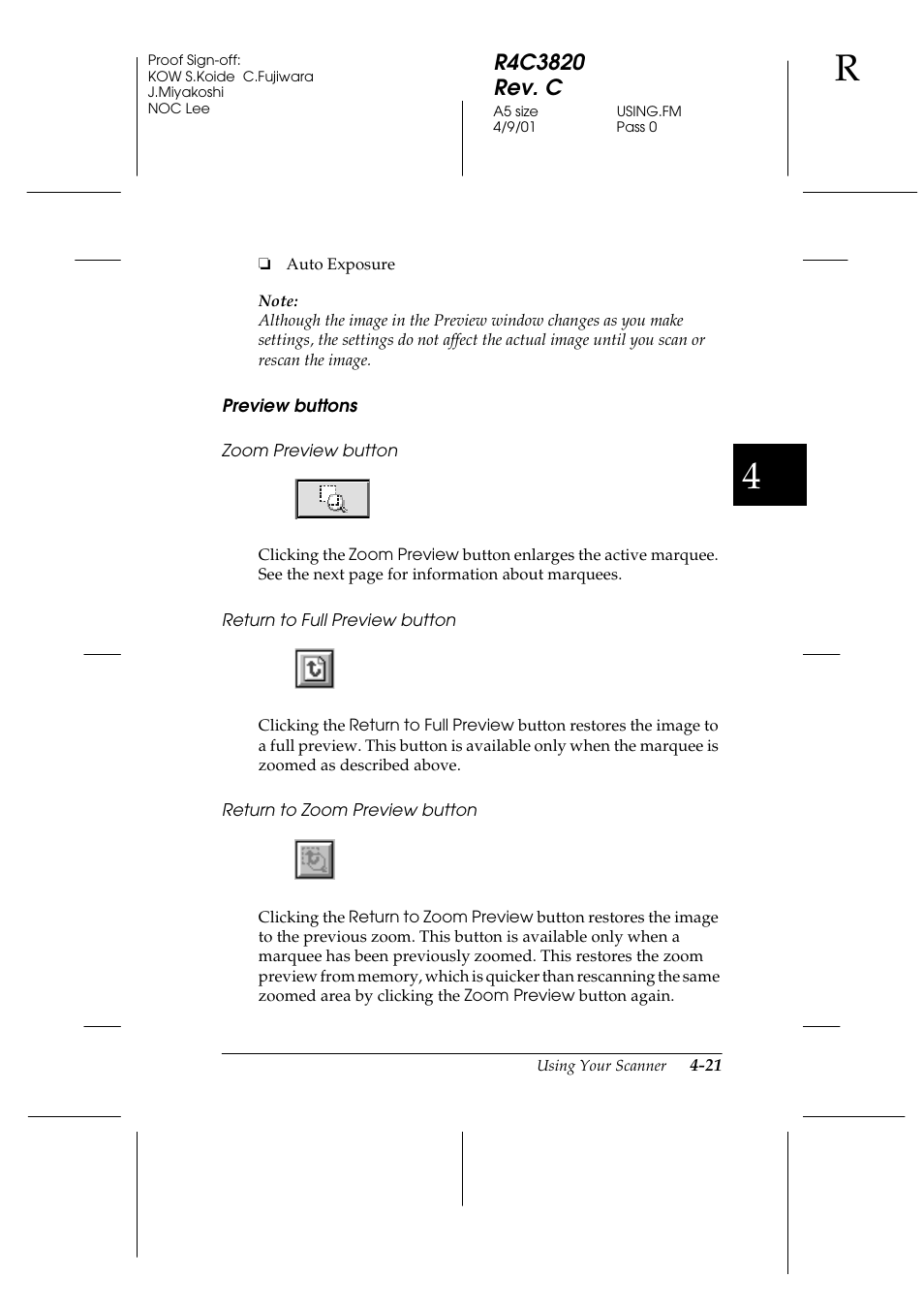 Preview buttons, Zoom preview button, Return to full preview button | Return to zoom preview button | Epson GT-30000 User Manual | Page 105 / 140