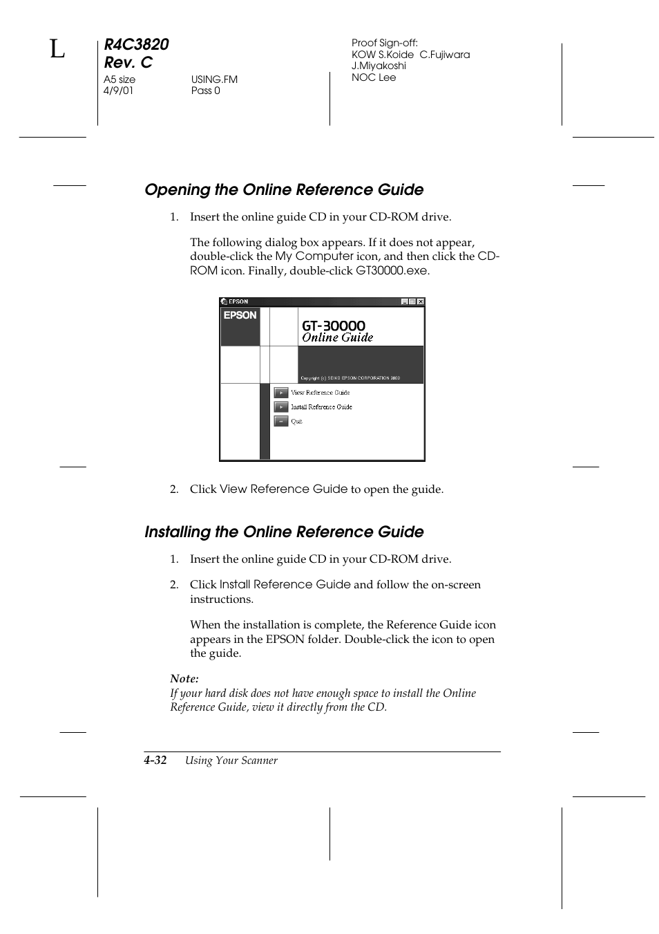 Opening the online reference guide, Installing the online reference guide | Epson GT-30000 User Manual | Page 116 / 140