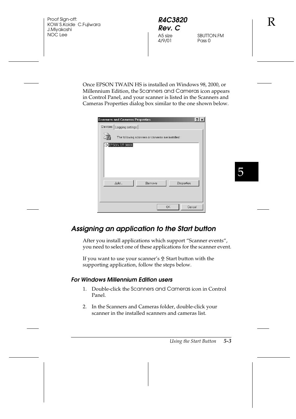 Assigning an application to the start button, For windows millennium edition users, Assigning an application to the start button -3 | Epson GT-30000 User Manual | Page 119 / 140