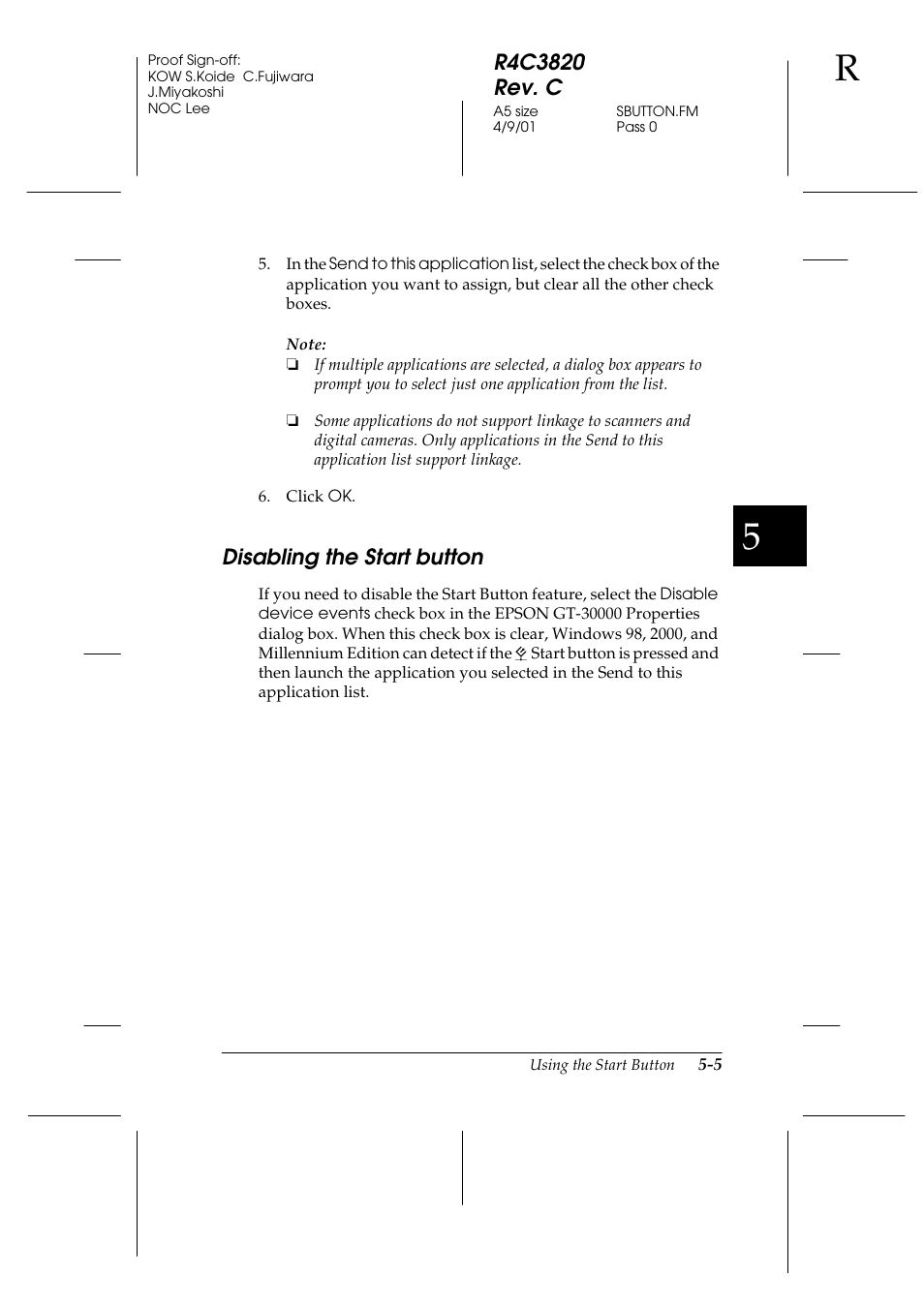 Disabling the start button, Disabling the start button -5 | Epson GT-30000 User Manual | Page 121 / 140