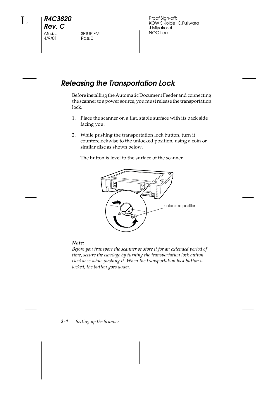 Releasing the transportation lock, Releasing the transportation lock -4 | Epson GT-30000 User Manual | Page 24 / 140