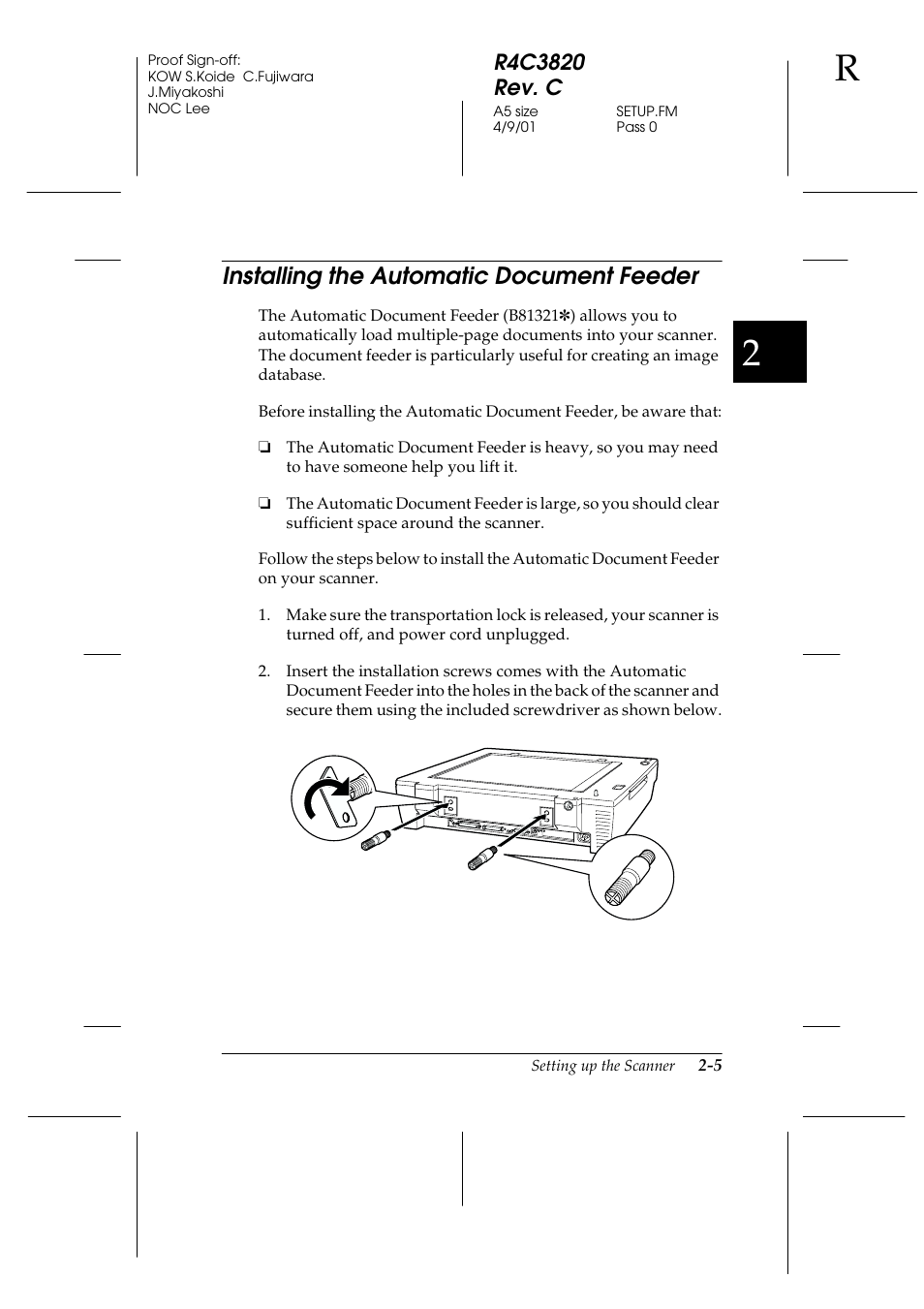 Installing the automatic document feeder, Installing the automatic document feeder -5 | Epson GT-30000 User Manual | Page 25 / 140