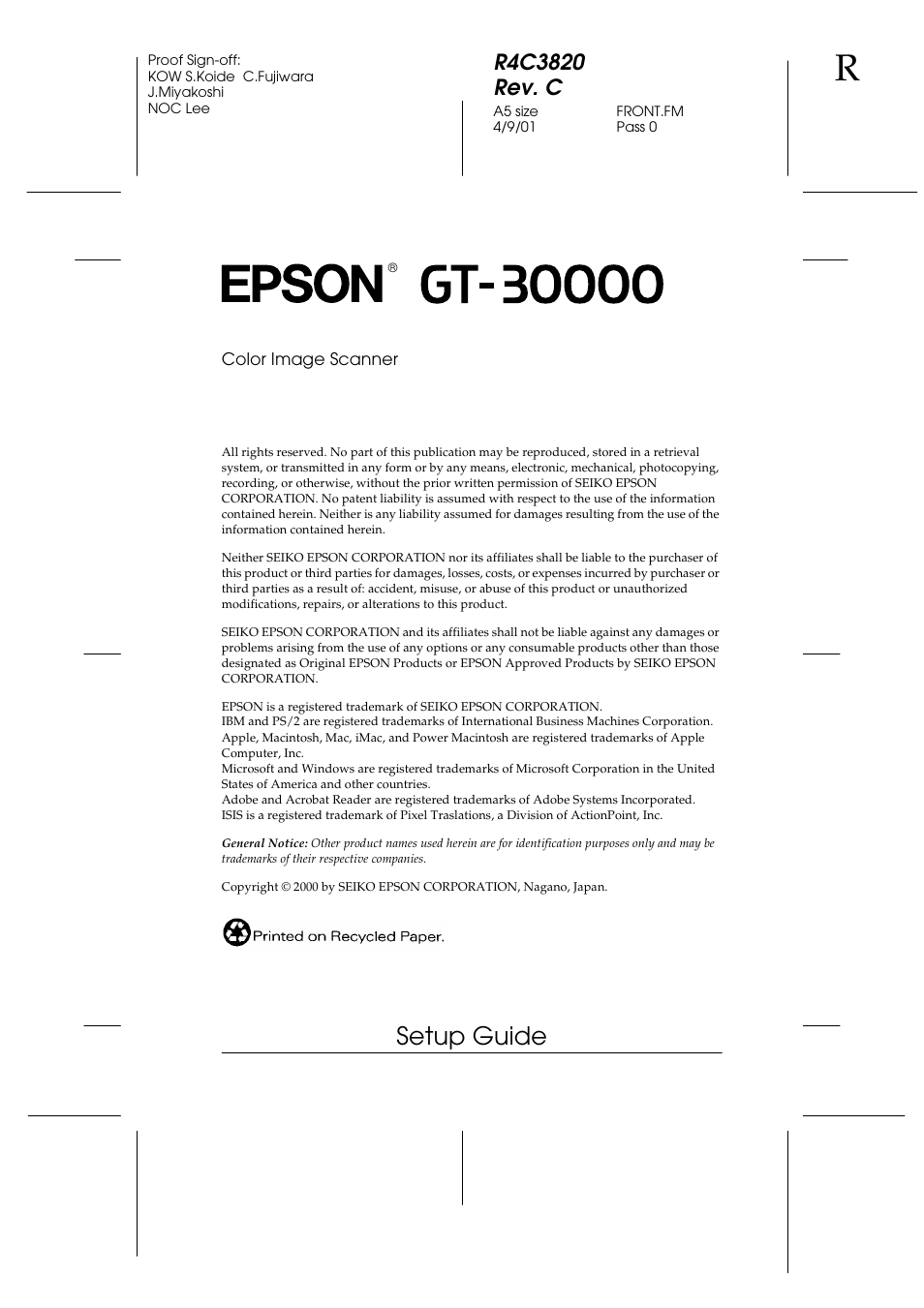 Copyright, Setup guide | Epson GT-30000 User Manual | Page 3 / 140