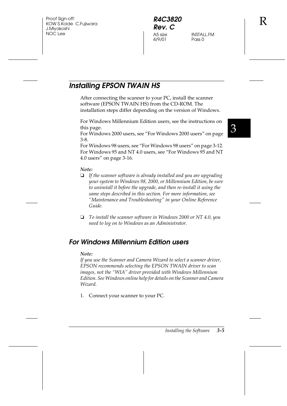 Installing epson twain hs, For windows millennium edition users, Installing epson twain hs -5 | For windows millennium edition users -5 | Epson GT-30000 User Manual | Page 45 / 140