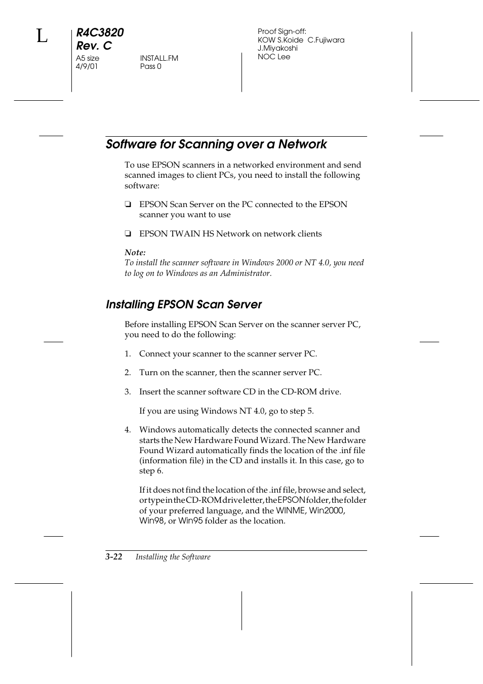 Software for scanning over a network, Installing epson scan server, Software for scanning over a network -22 | Installing epson scan server -22 | Epson GT-30000 User Manual | Page 62 / 140