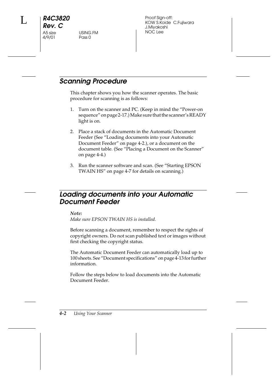 Scanning procedure, Feeder -2, Scanning procedure -2 | Loading documents into your automatic document | Epson GT-30000 User Manual | Page 86 / 140