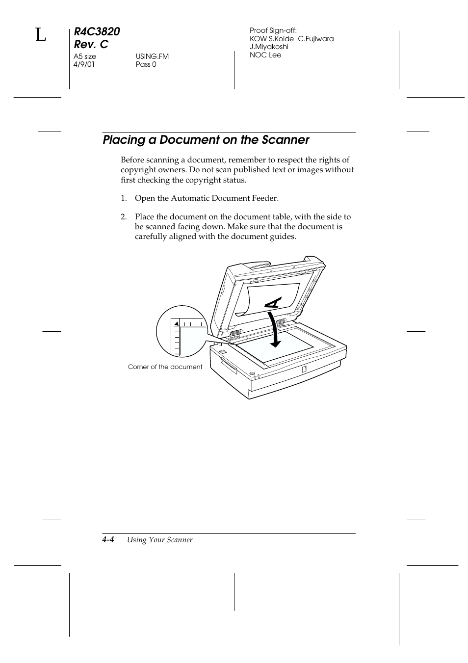 Placing a document on the scanner, Placing a document on the scanner -4 | Epson GT-30000 User Manual | Page 88 / 140
