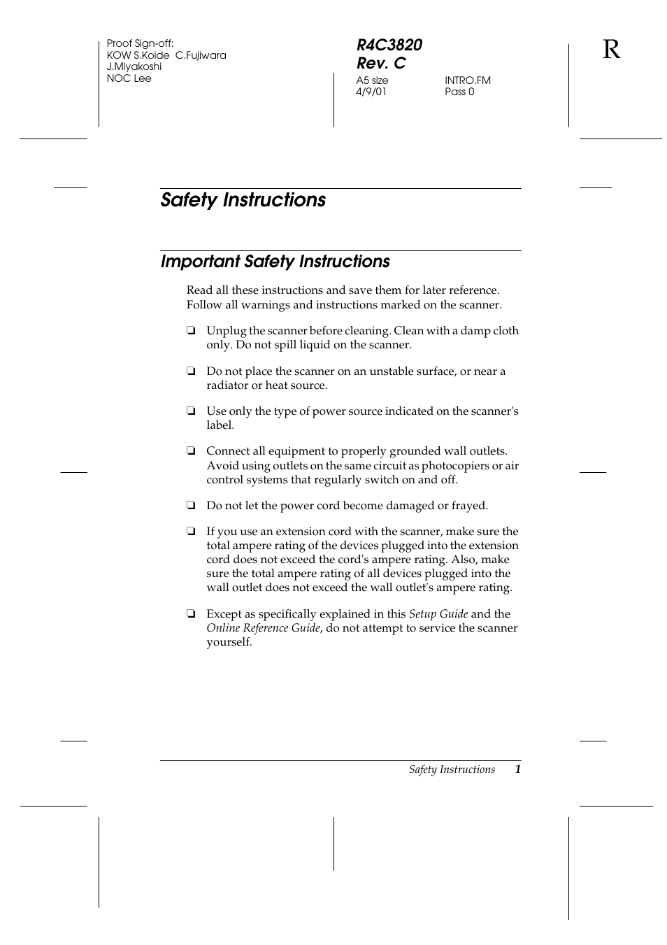 Safety instructions, Important safety instructions | Epson GT-30000 User Manual | Page 9 / 140