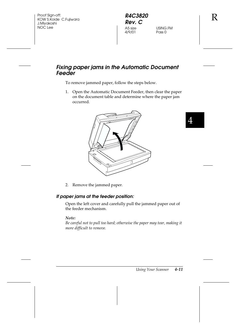 Fixing paper jams in the automatic document feeder, If paper jams at the feeder position, Fixing paper jams in the automatic document | Feeder -11 | Epson GT-30000 User Manual | Page 95 / 140