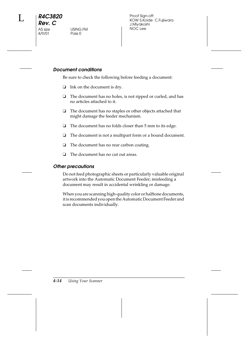 Document conditions, Other precautions | Epson GT-30000 User Manual | Page 98 / 140