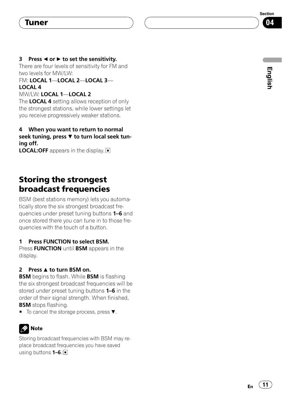 Storing the strongest broadcast, Frequencies 11, Storingthe strongest broadcast frequencies | Tuner | Pioneer DEH-P5700MP User Manual | Page 11 / 94