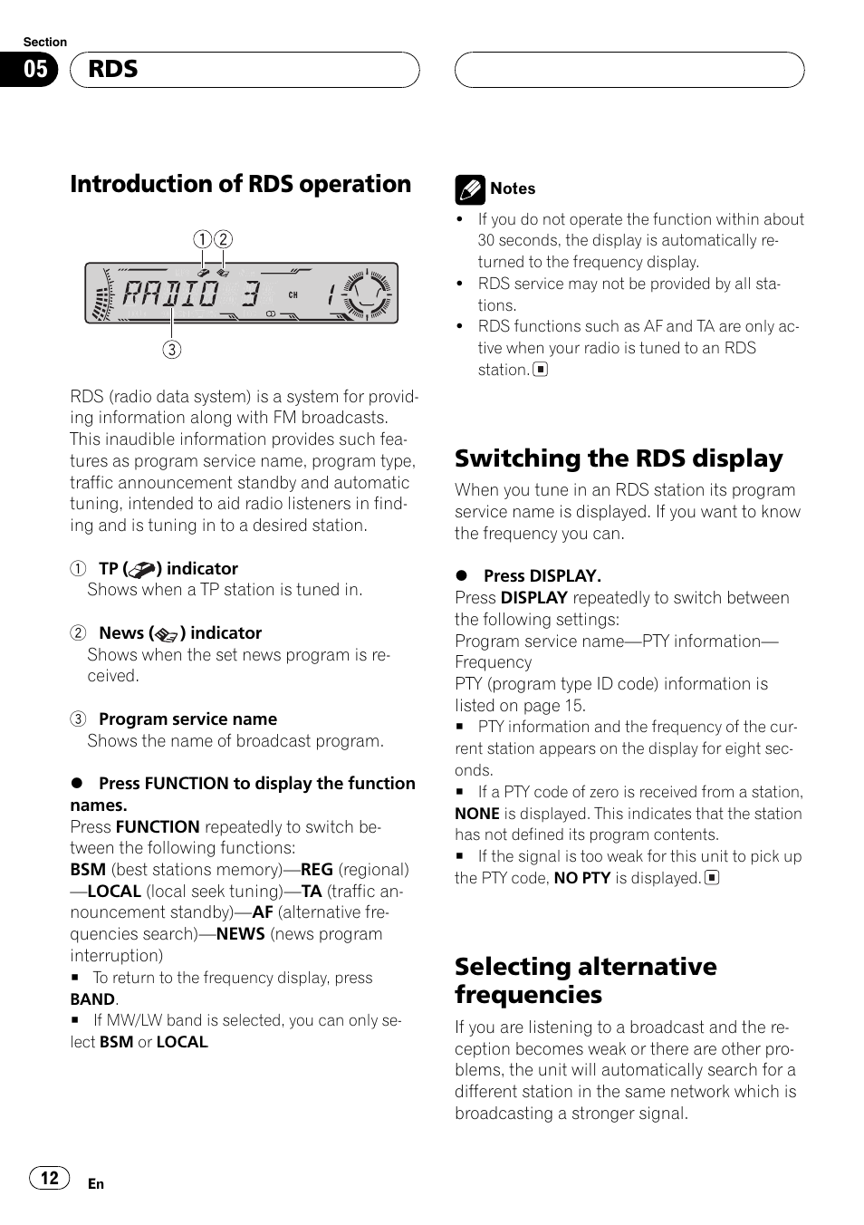 Introduction of rds operation, Switchingthe rds display, Selectingalternative frequencies | Pioneer DEH-P5700MP User Manual | Page 12 / 94