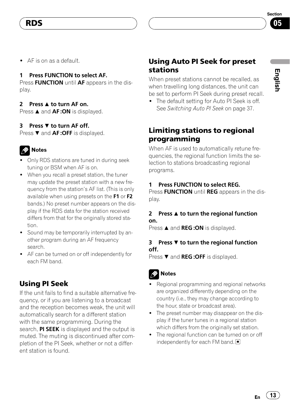 Using pi seek 13, Using auto pi seek for preset, Stations 13 | Limiting stations to regional, Programming 13, Usingpi seek, Usingauto pi seek for preset stations, Limitingstations to regional programming | Pioneer DEH-P5700MP User Manual | Page 13 / 94