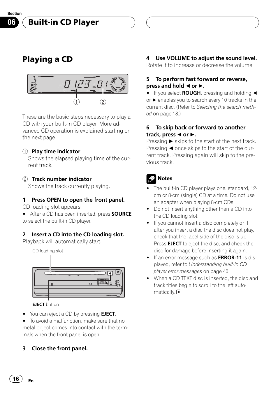 Built-in cd player playing a cd 16, Playinga cd, Built-in cd player | Pioneer DEH-P5700MP User Manual | Page 16 / 94