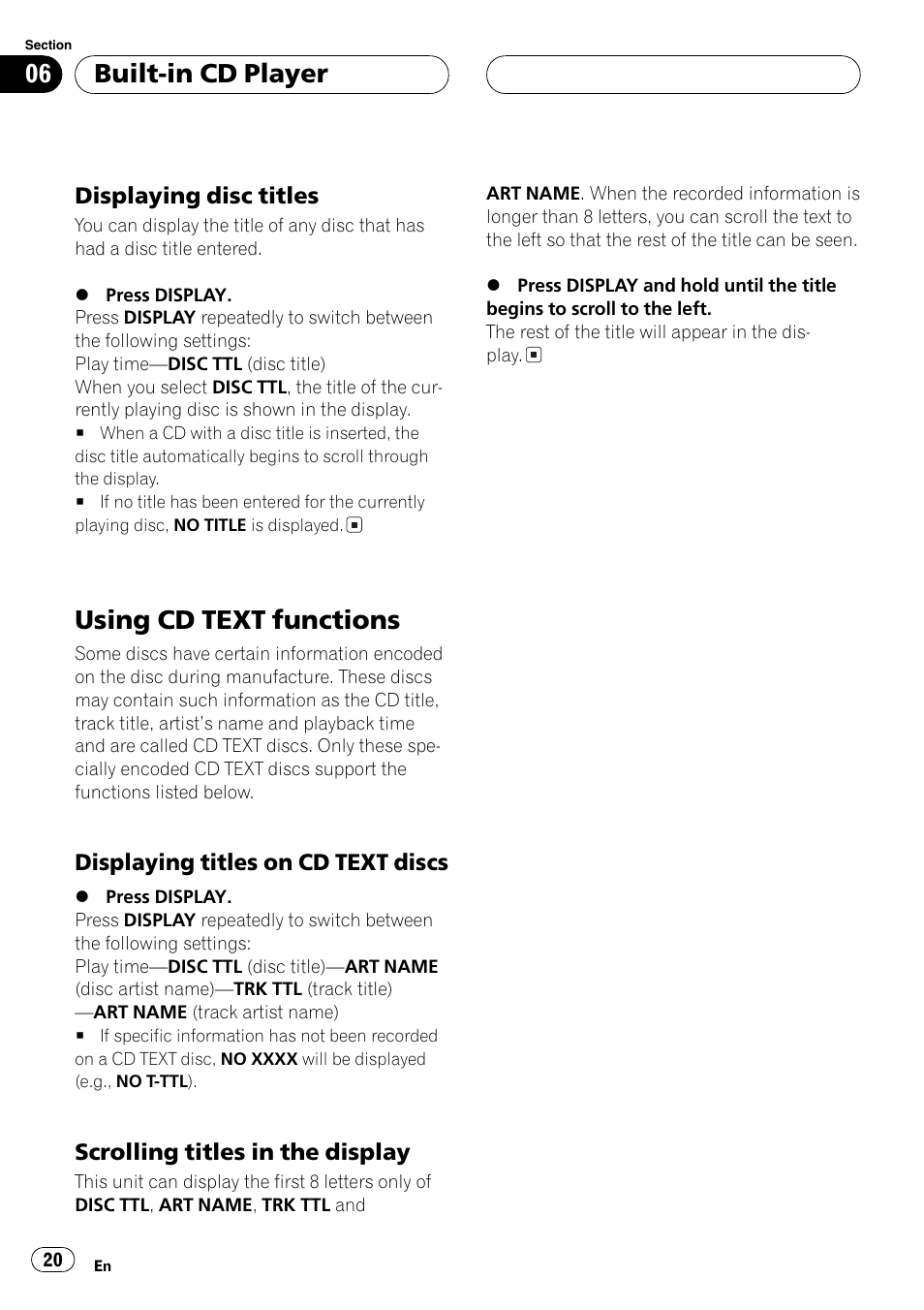 Displaying disc titles 20, Using cd text functions 20, Displaying titles on cd text | Discs 20, Scrolling titles in the display 20, Usingcd text functions, Built-in cd player | Pioneer DEH-P5700MP User Manual | Page 20 / 94