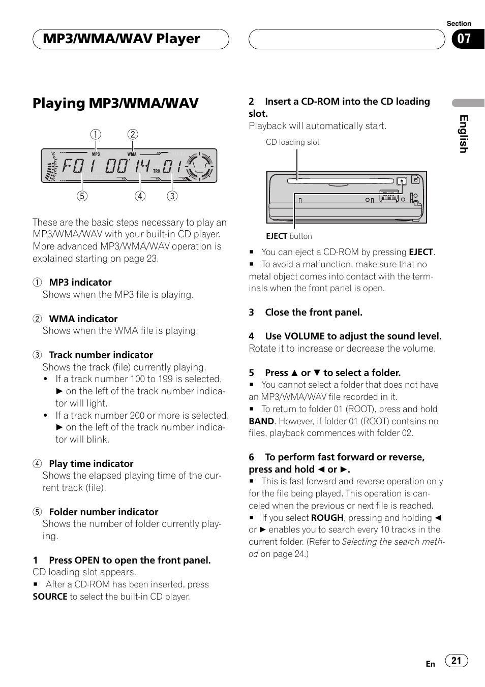 Mp3/wma/wav player playing mp3/wma/wav 21, Playingmp3/wma/wav, Mp3/wma/wav player | Pioneer DEH-P5700MP User Manual | Page 21 / 94