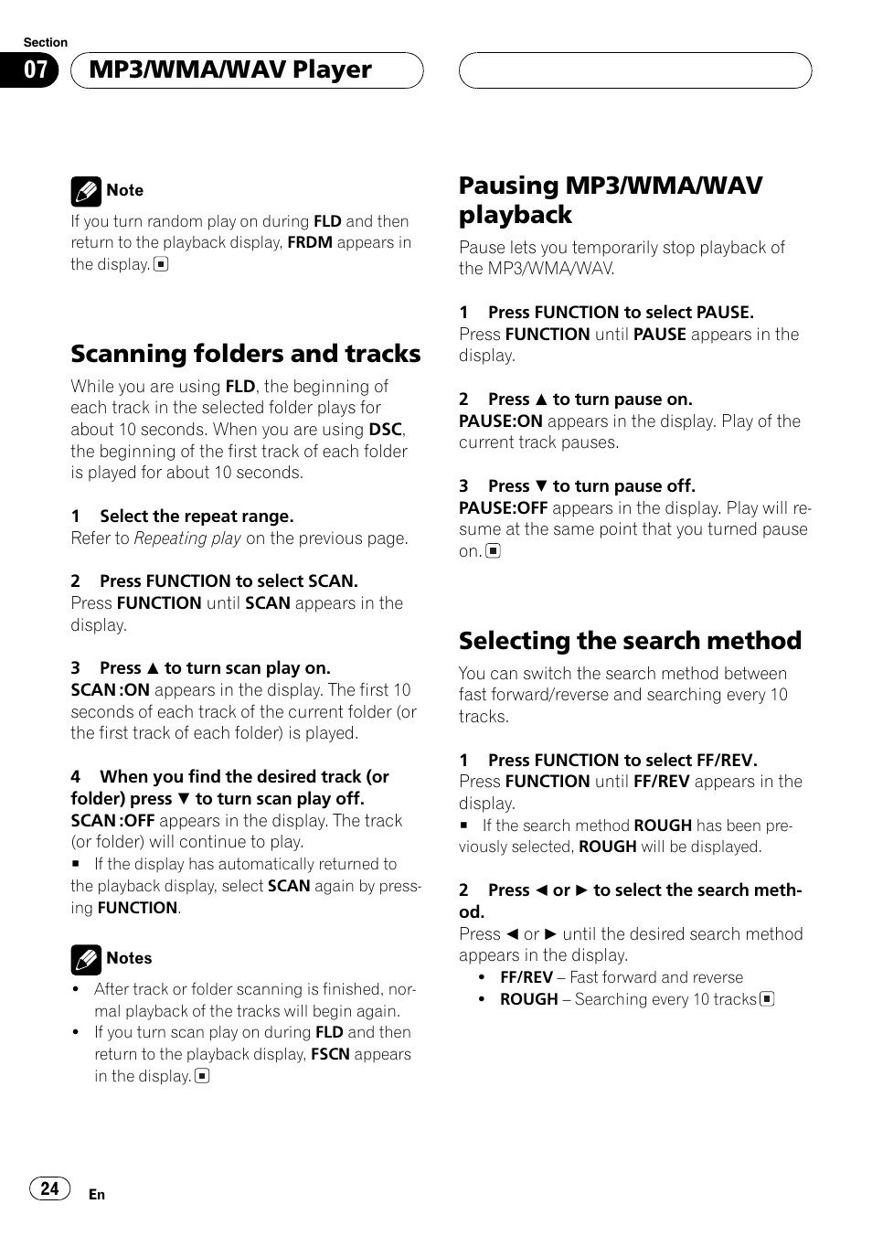 Scanningfolders and tracks, Pausingmp3/wma/wav playback, Selectingthe search method | Mp3/wma/wav player | Pioneer DEH-P5700MP User Manual | Page 24 / 94