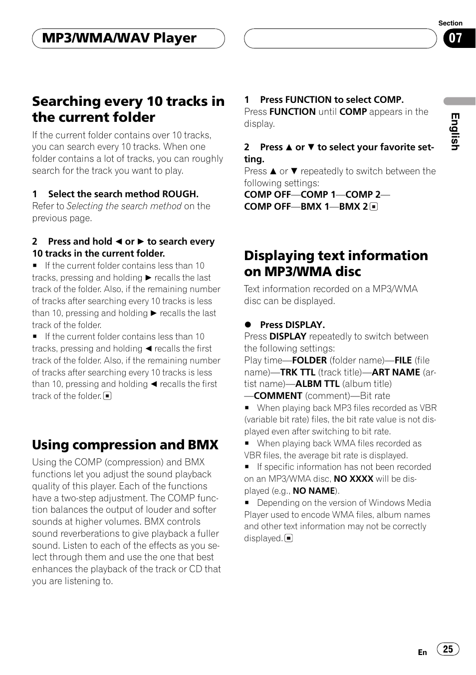 Searching every 10 tracks in the current, Folder 25, Disc 25 | Searchingevery 10 tracks in the current folder, Usingcompression and bmx, Displayingtext information on mp3/wma disc, Mp3/wma/wav player | Pioneer DEH-P5700MP User Manual | Page 25 / 94