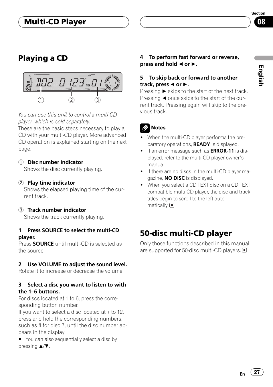 Playinga cd, Disc multi-cd player, Multi-cd player | Pioneer DEH-P5700MP User Manual | Page 27 / 94