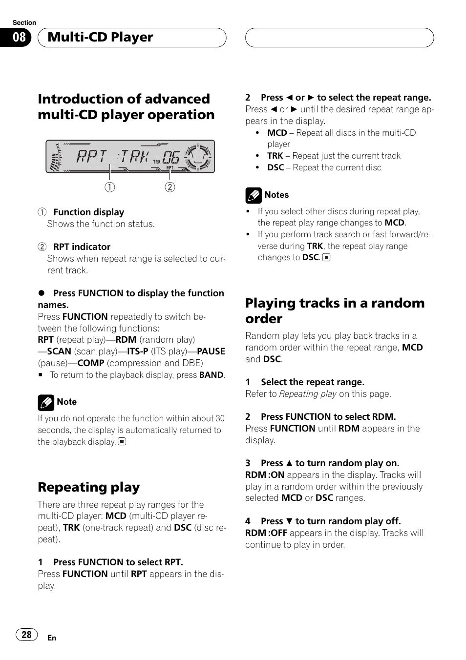 Introduction of advanced multi-cd player, Operation 28, Introduction of advanced multi-cd player operation | Repeatingplay, Playingtracks in a random order, Multi-cd player | Pioneer DEH-P5700MP User Manual | Page 28 / 94