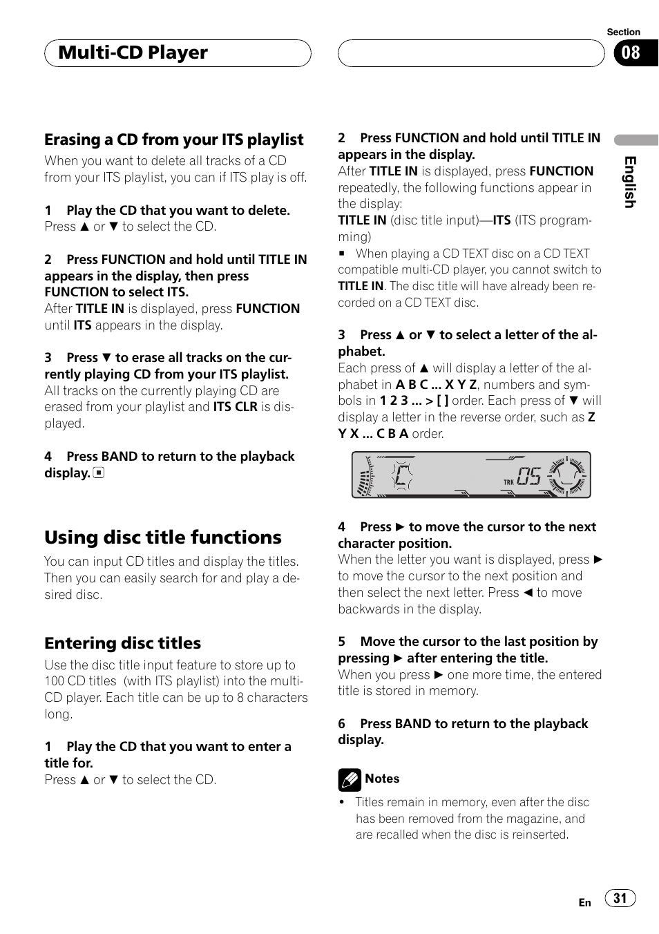 Erasing a cd from your its, Playlist 31, Using disc title functions 31 | Entering disc titles 31, Usingdisc title functions, Multi-cd player, Erasinga cd from your its playlist, Enteringdisc titles | Pioneer DEH-P5700MP User Manual | Page 31 / 94