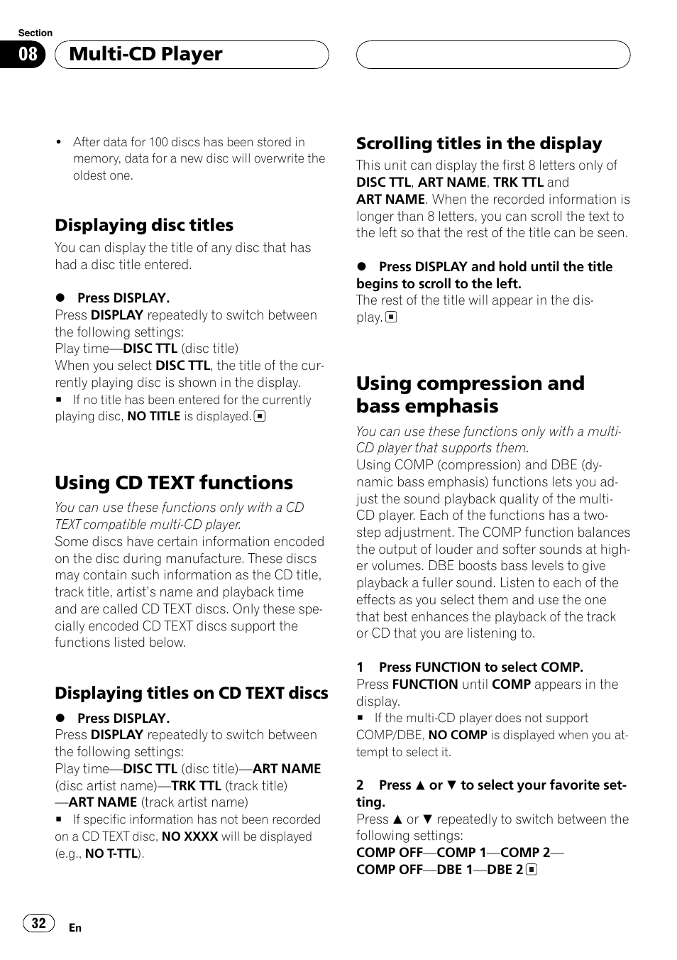 Displaying disc titles 32, Using cd text functions 32, Displaying titles on cd text | Discs 32, Scrolling titles in the display 32, Using compression and bass emphasis 32, Usingcd text functions, Usingcompression and bass emphasis, Multi-cd player, Displayingdisc titles | Pioneer DEH-P5700MP User Manual | Page 32 / 94