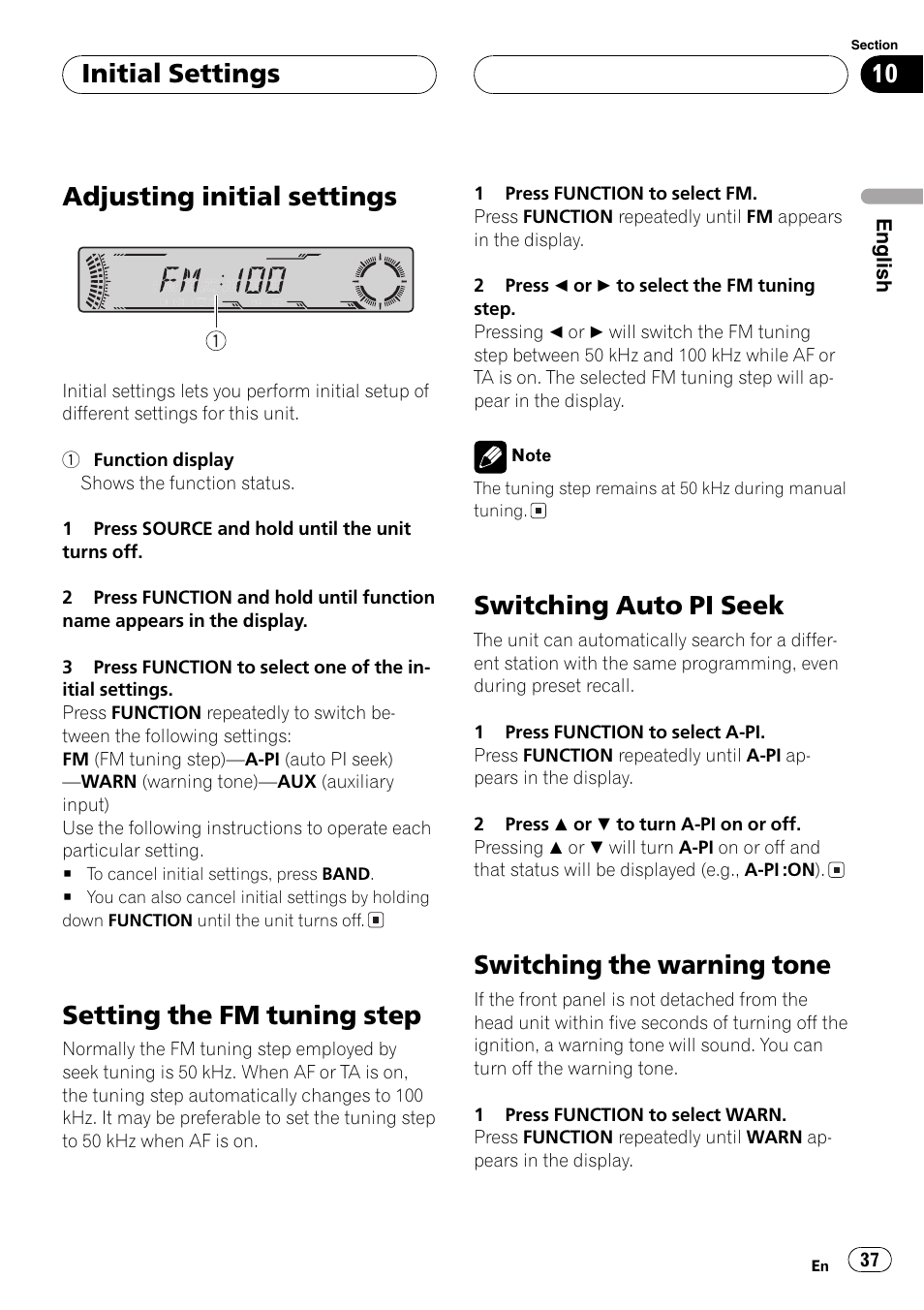 Initial settings adjusting initial settings 37, Adjustinginitial settings, Settingthe fm tuningstep | Switchingauto pi seek, Switchingthe warningtone, Initial settings | Pioneer DEH-P5700MP User Manual | Page 37 / 94