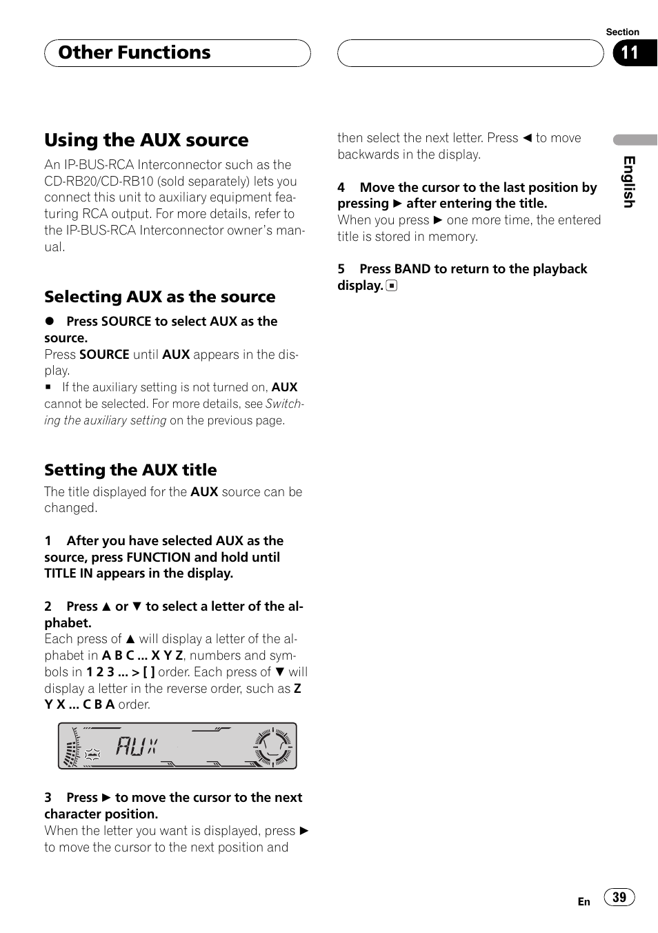 Other functions using the aux source 39, Selecting aux as the source 39, Setting the aux title 39 | Usingthe aux source, Other functions, Selectingaux as the source, Settingthe aux title | Pioneer DEH-P5700MP User Manual | Page 39 / 94