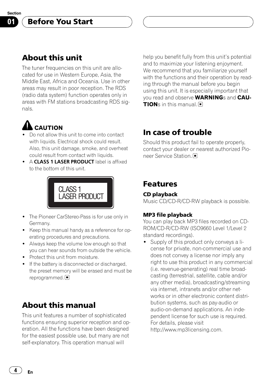 About this unit, About this manual, Features | Before you start, Class 1 laser product | Pioneer DEH-P5700MP User Manual | Page 4 / 94