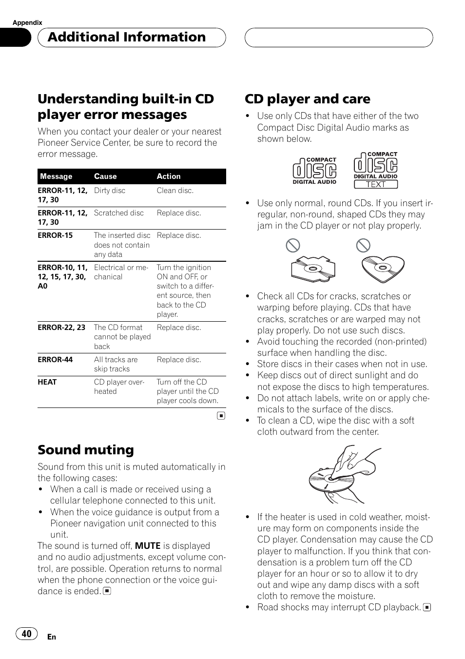 Messages 40, Sound muting 40 cd player and care 40, Understandingbuilt-in cd player error messages | Sound muting, Cd player and care, Additional information | Pioneer DEH-P5700MP User Manual | Page 40 / 94
